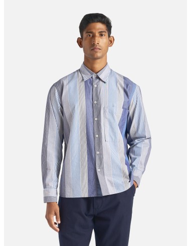 Universal Works Square Pocket Shirt in Blue Multi Stripe Cotton de pas cher