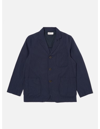 Universal Works Three Button Jacket in Navy Cotton Pinstripe ou a consommer sur place