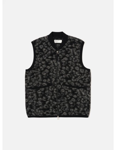 Universal Works Zip Waistcoat in Black/Charcoal Leopard Fleece hantent personnes