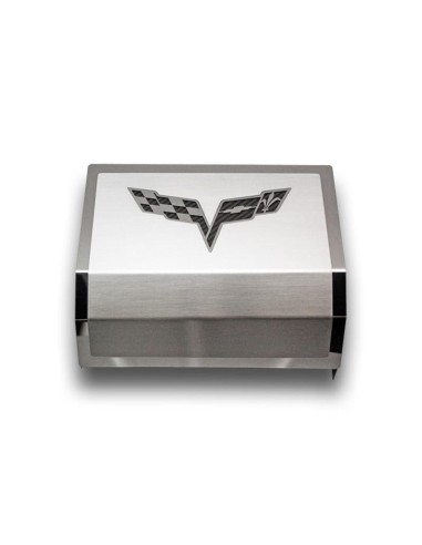 2005-2013 C6 Corvette - Deluxe Fuse Box Cover w/Crossed Flags Emblem - Stainless Steel brillant des détails fins